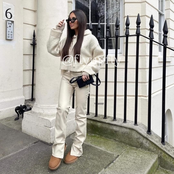 Zara * Faux Leather Cream Pants Slit - Picture 5 of 11